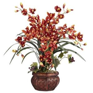 NEARLY NATURAL NEW faux cymbidium orchid arrangement w/ decor vase -red -30x30